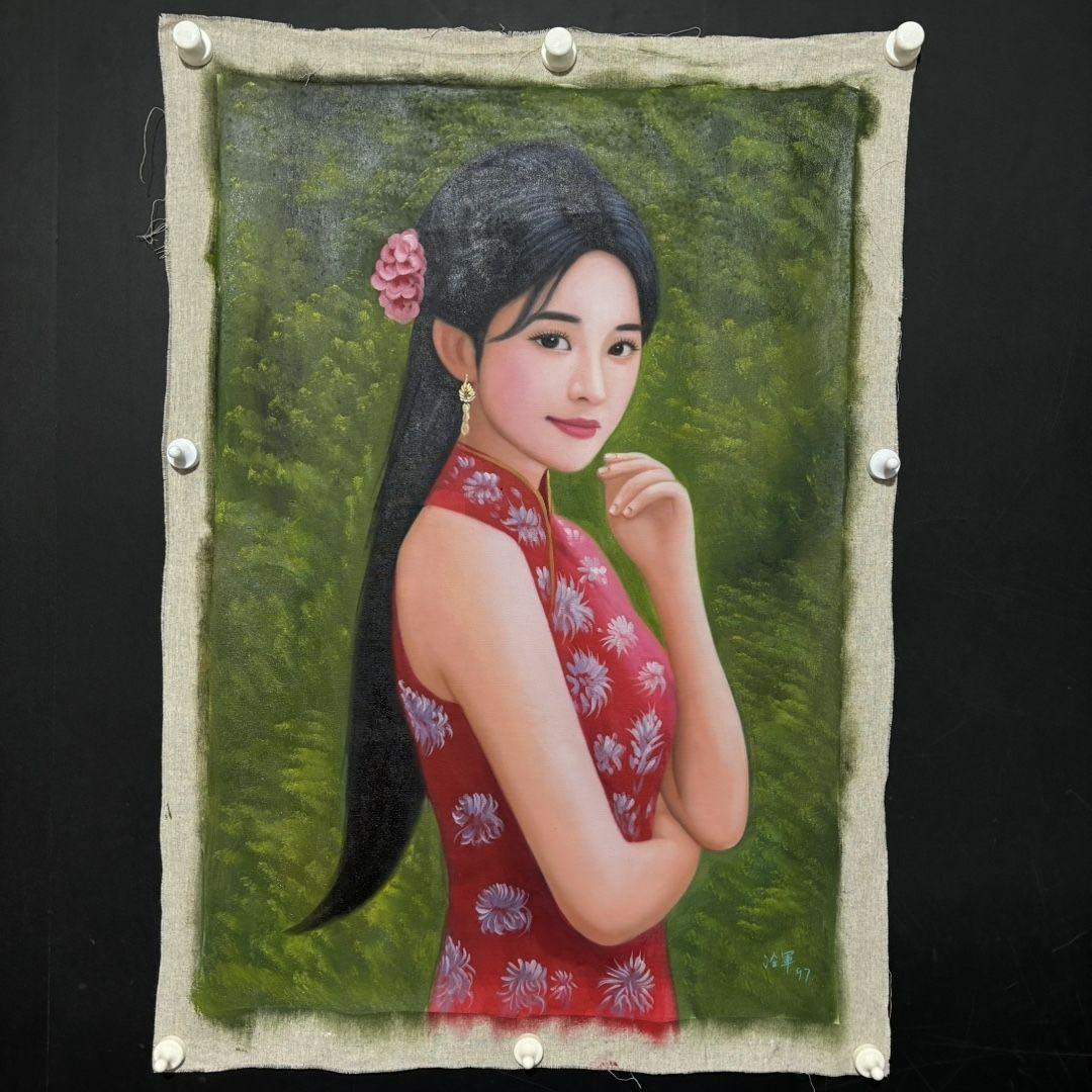 手描き 水彩油画 人物画 冷军 作品図 中国絵画 約70×100cm 未表装