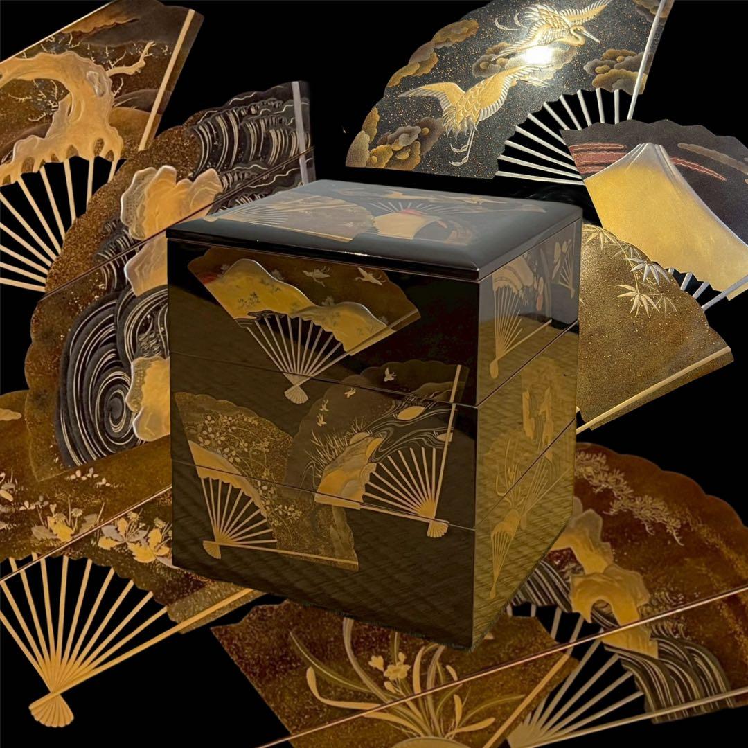 時代漆器 扇面金銀高蒔絵 三段重箱 / 加賀蒔絵 木製漆器 茶懐石道具 天然木製漆塗 時代漆器 草木花水鳥 螺鈿金蒔絵 四段重箱 共箱付き