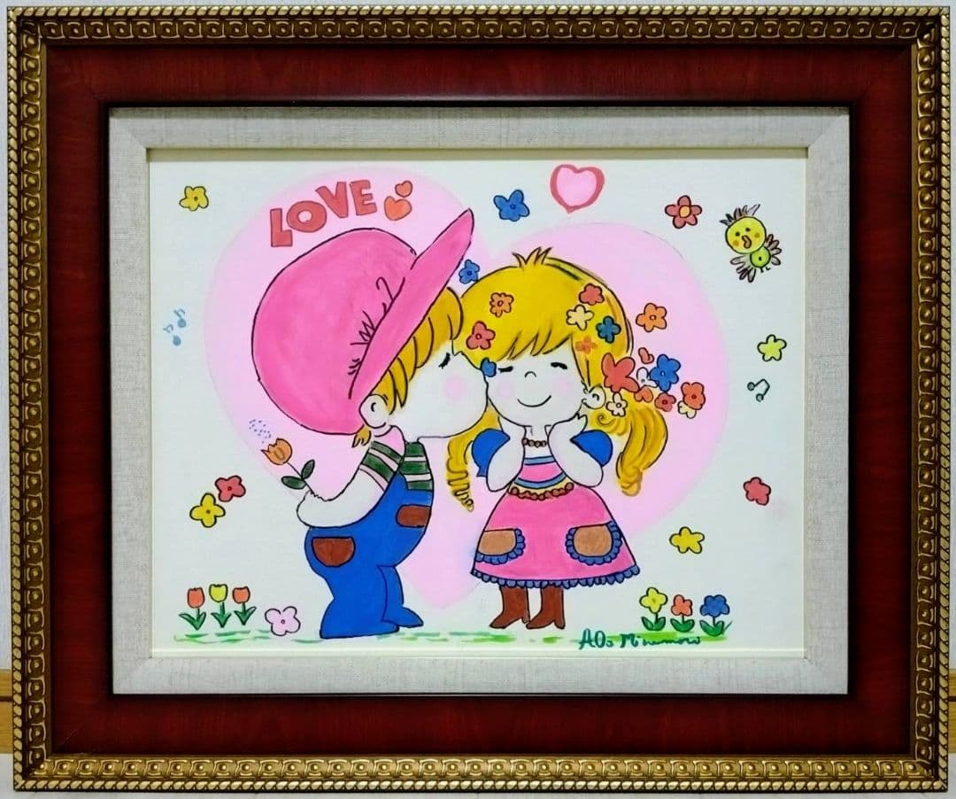 【F6号】水森亜土　手描き作品/表裏サイン・裏描き有/油彩/アクリル/額縁/額装