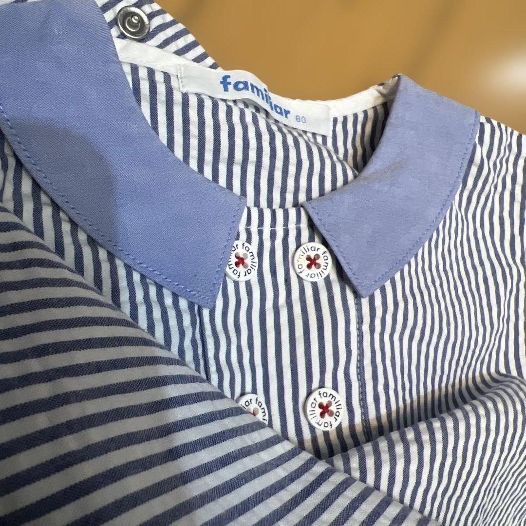 ファミリア ストライプロンパース 青と白 80cm - メルカリ