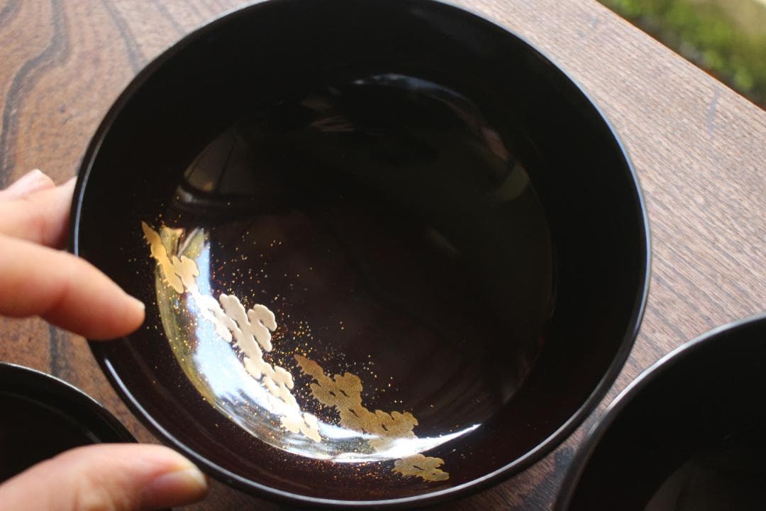 時代逸品！時代黒漆に優美な鶴遠山蒔絵の映える煮物椀2