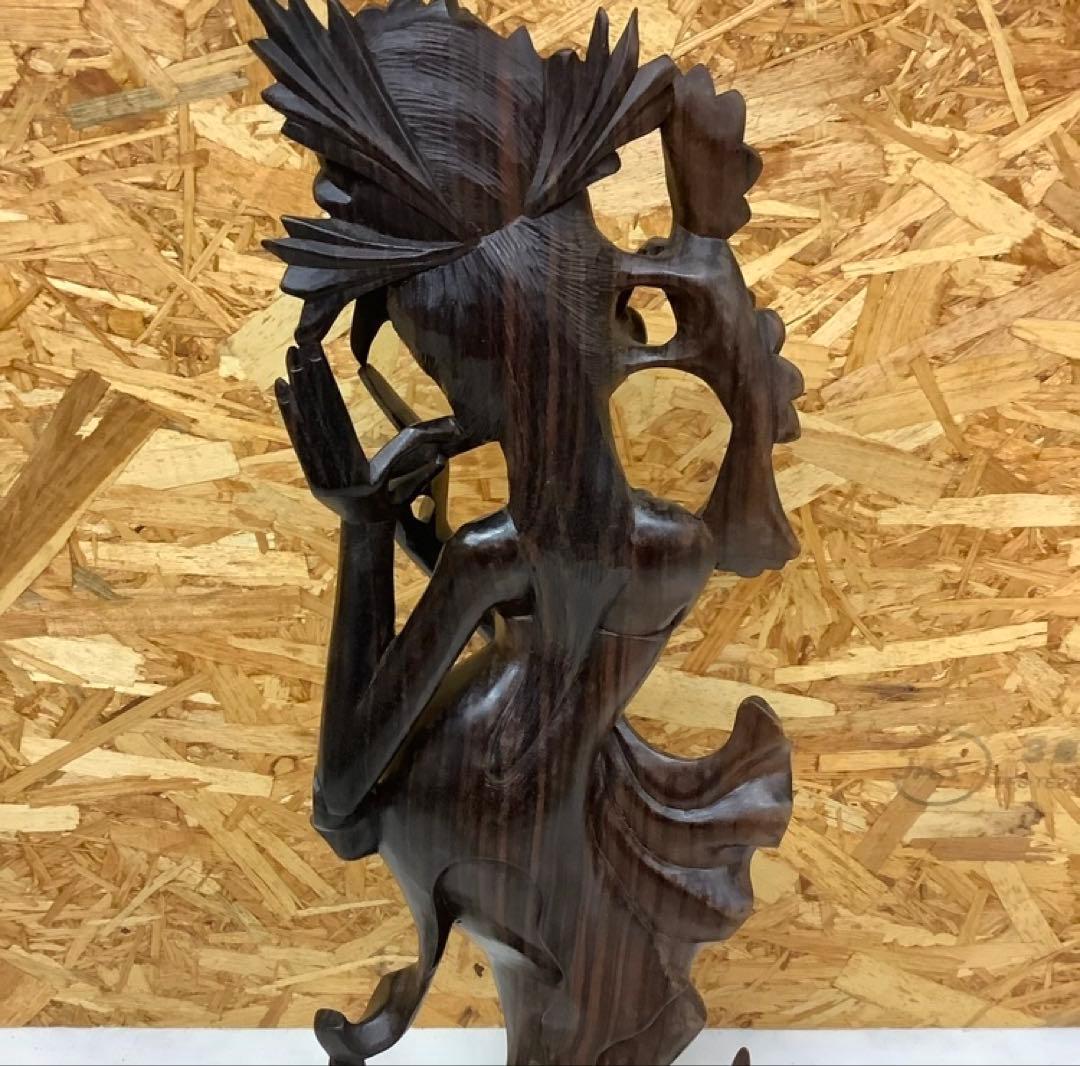 アジアン木彫り像 女性 彫刻 置物 民芸品 インテリア 昭和レトロ(Q-15