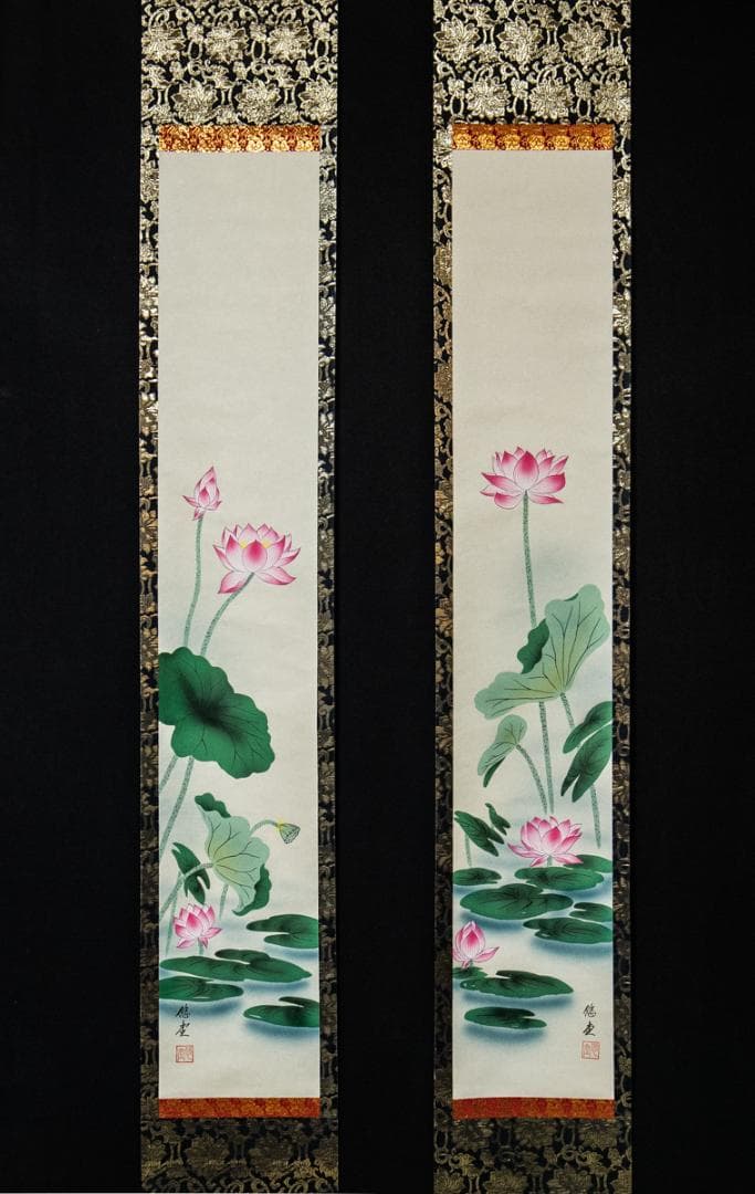 掛軸-1440　悠堂　蓮花二幅対　共箱