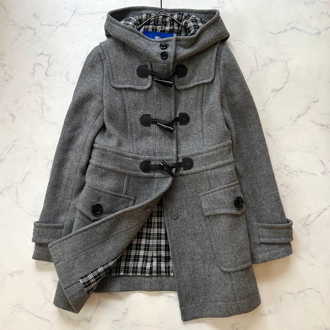 バーバリーブルーレーベル ダッフルコート フード ノバチェック レザー 38 バーバリー ブルーレーベル ロングダッフルコート ノバチェック