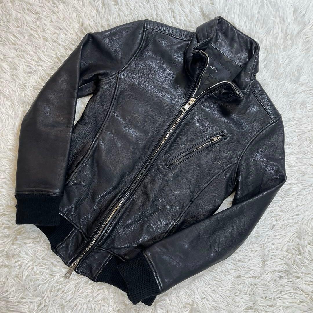 【美品】AKM レザージャケット　牛革　ブラック　S 日本製　裏地カモ 高級シープスキン 】AKM レザージャケット 羊革 本革 S ジャケット