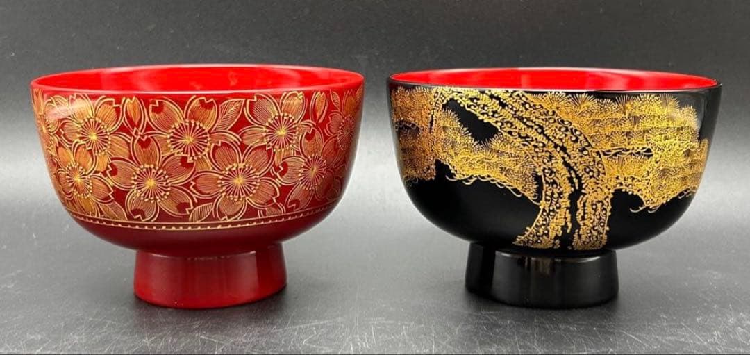 【希少品】沈金　川連漆器　お椀　大関 廣　雅号・廣道　桜　松　赤　黒　名入り