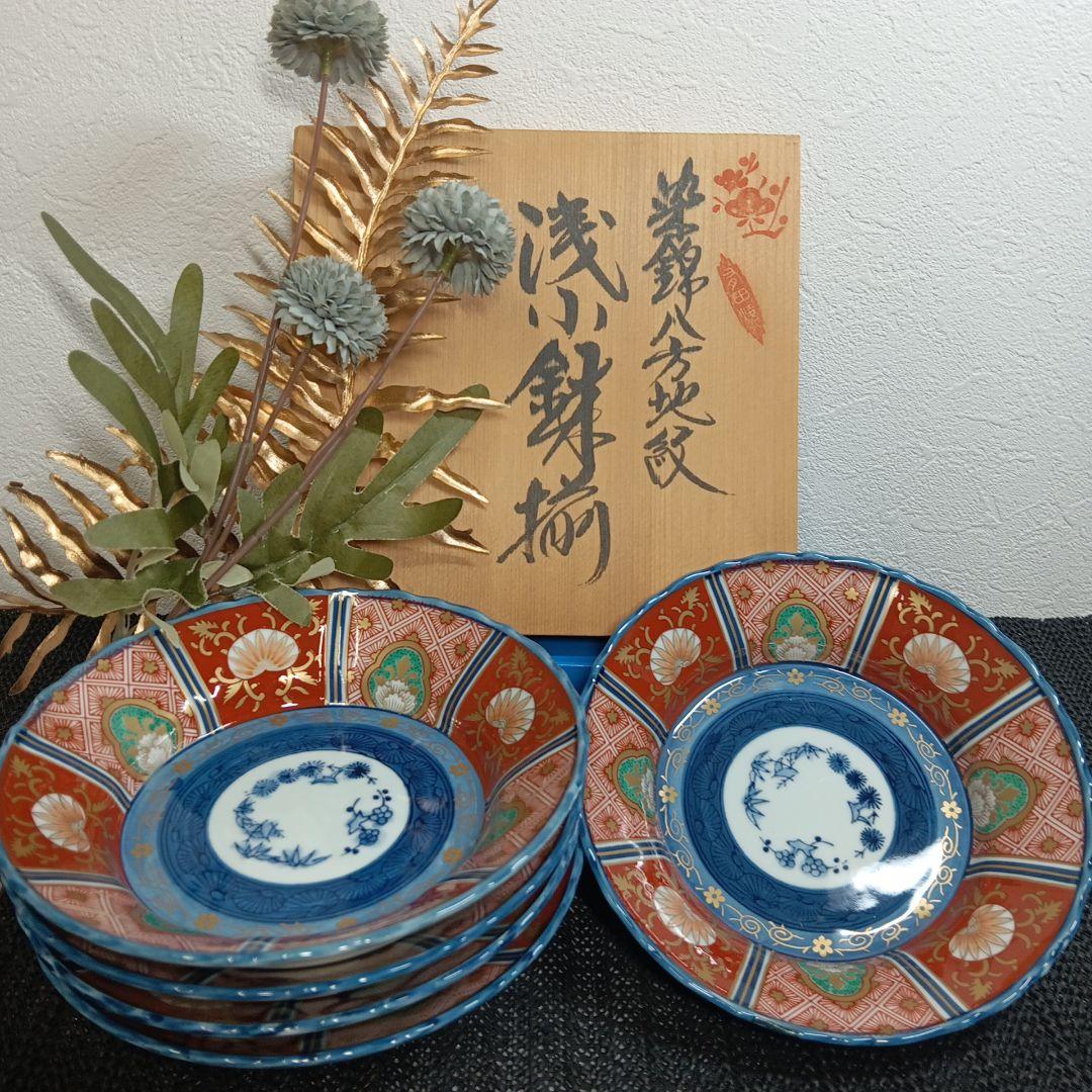 美品】有田焼 林九郎 染錦八方地紋 浅小鉢 古伊万里様式 豪華絢爛 5枚