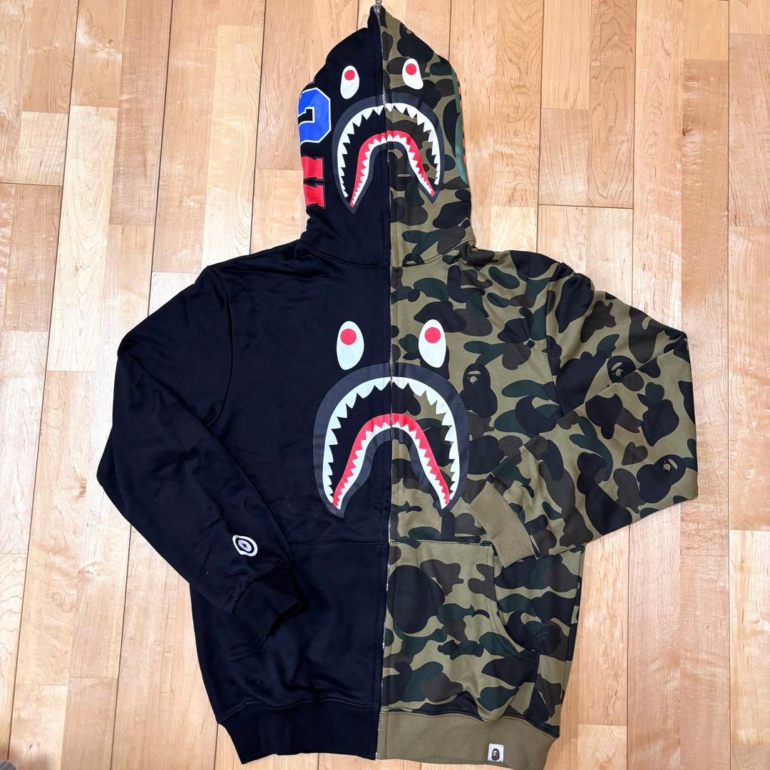 厚手・美品】フルジップ シャークパーカー／迷彩×黒／フードデザイン