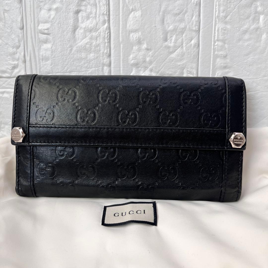 美品✨GUCCI シマ　ロゴ金具　Wホック ブラック　メンズ　長財布
