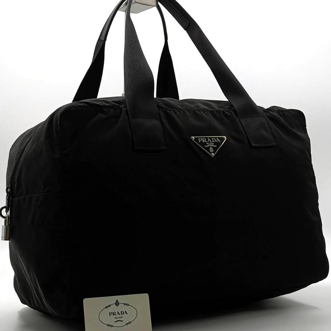 希少✨プラダ 大容量 ボストンバッグ 三角ロゴ レザー ナイロン 肩掛け 黒 PRADA（プラダ） 美品 テスート 三角ロゴプレート ブラック 黒