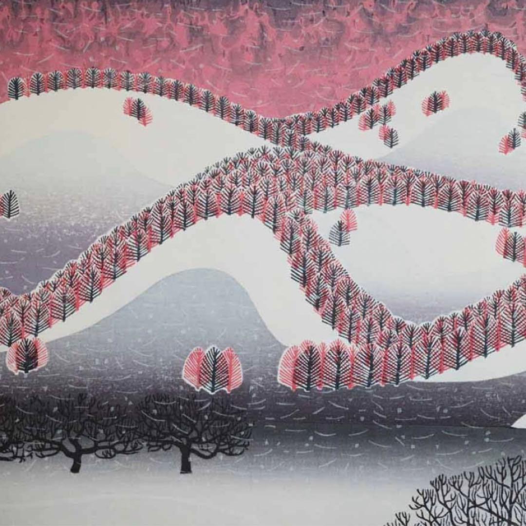 牧野宗則「紅木立 1984」静岡市 木版画 額装