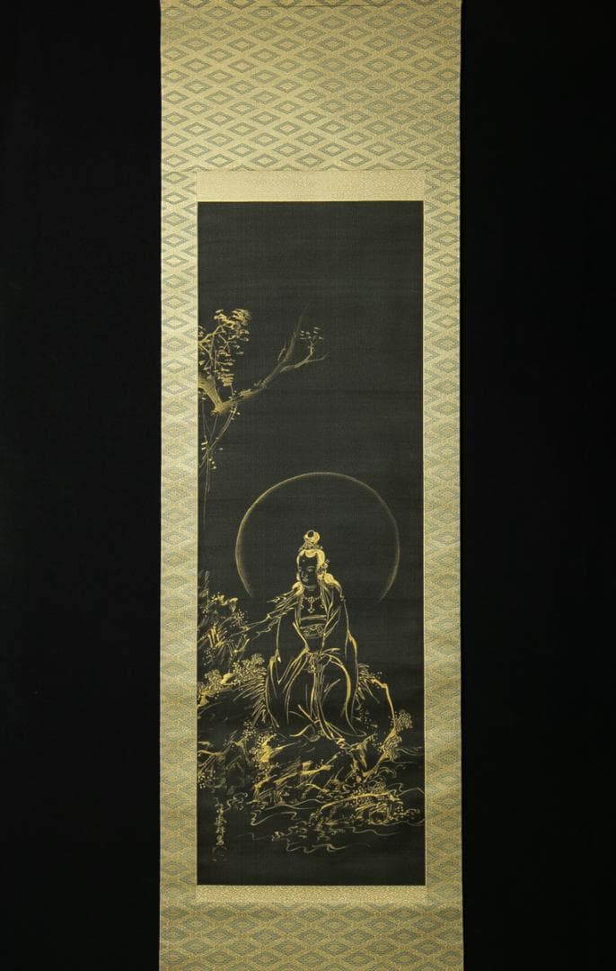 掛軸-1773　徳田隣斎　観音大師　紺紙金泥　共箱