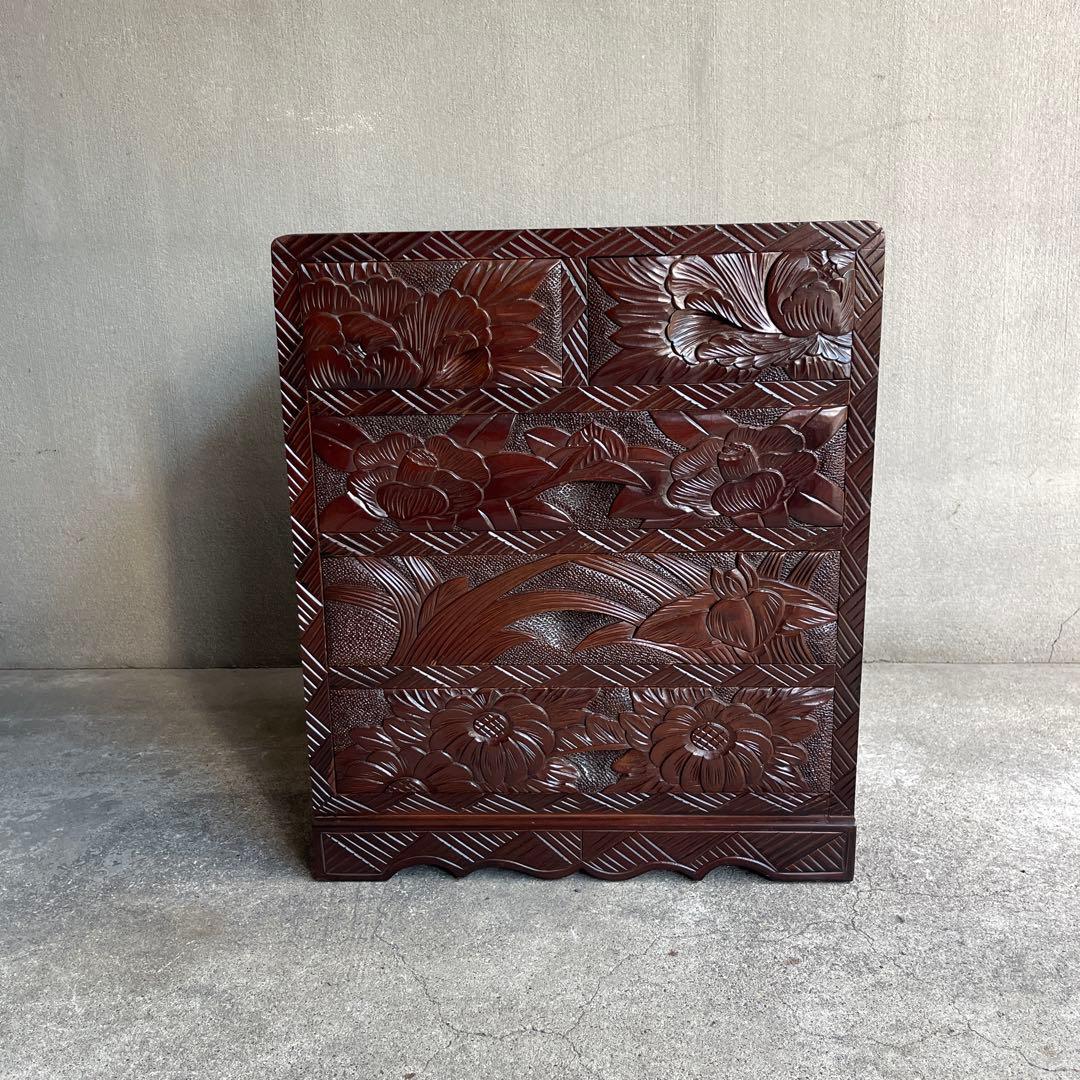 日光彫　 小引き出し 抽斗 5杯 多種多様な花が美しく描かれた日光彫の小引き出し DC8114 – 古福庵