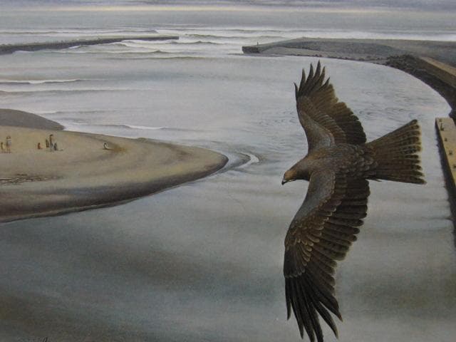 國領經郎、曇り日の河口、希少画集画、新品高級額・額装付、状態良好