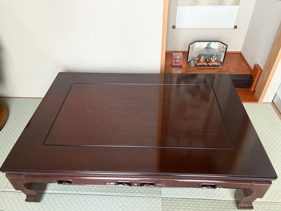 平安家具・昭和レトロ座卓｜天然木アサメラ 材・脚取り外し可|ヴィンテージ アサメラの一枚板座卓天板にアイアン脚を合わせダイニングテーブルに