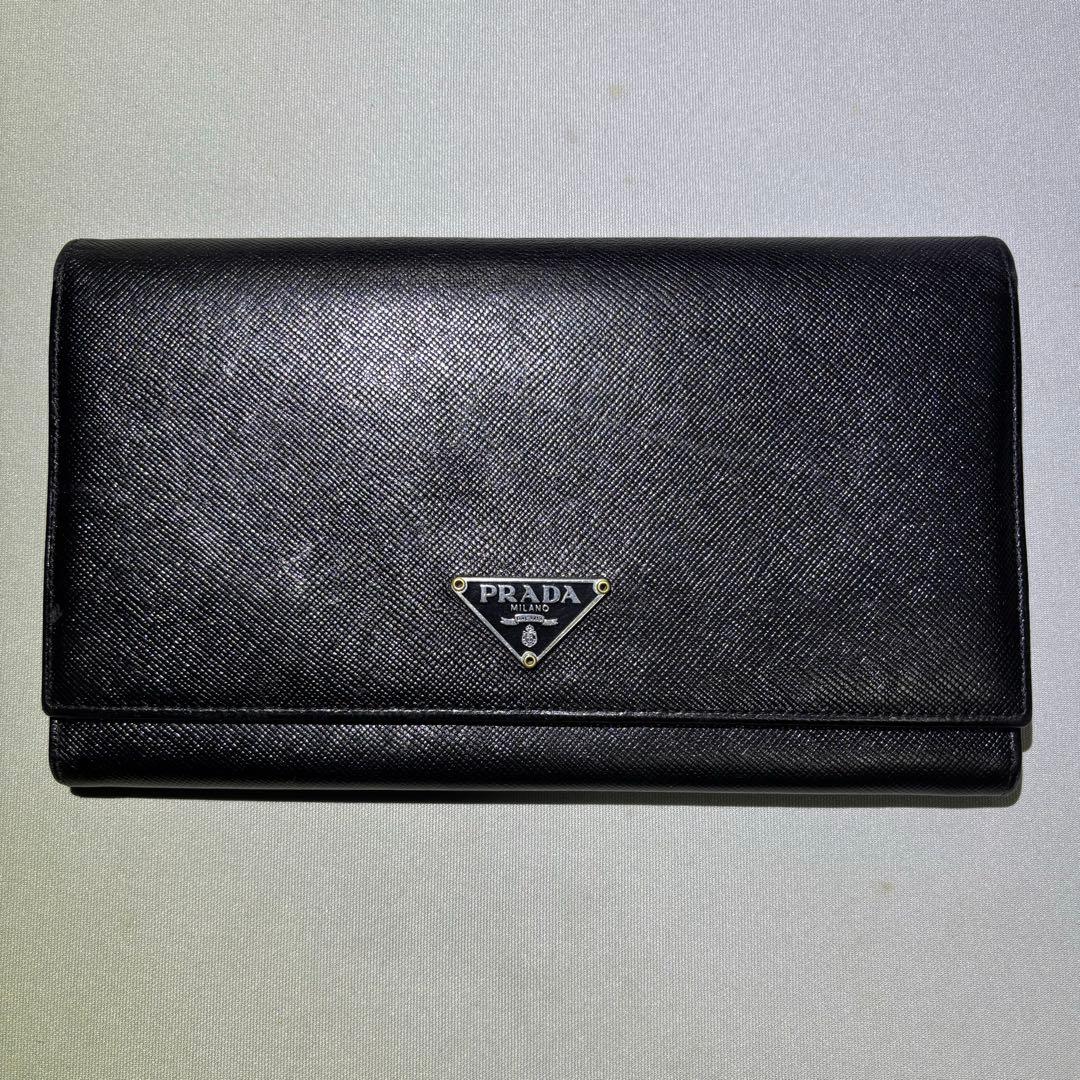 【極美品】プラダ 2つ折り長財布 サイフィアーノレザー 三角プレート 黒