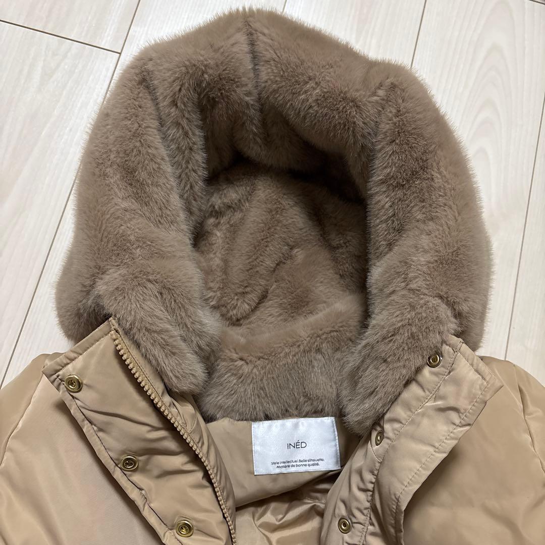 美品】INED イネド ロングダウンコート フェイクファー ベージュ 7号