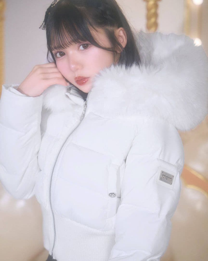 ミシェルマカロン ファーフードショートダウン ホワイト XSサイズ