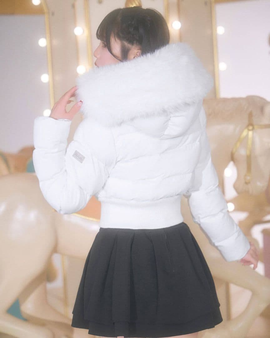 ミシェルマカロン ファーフードショートダウン ホワイト XSサイズ