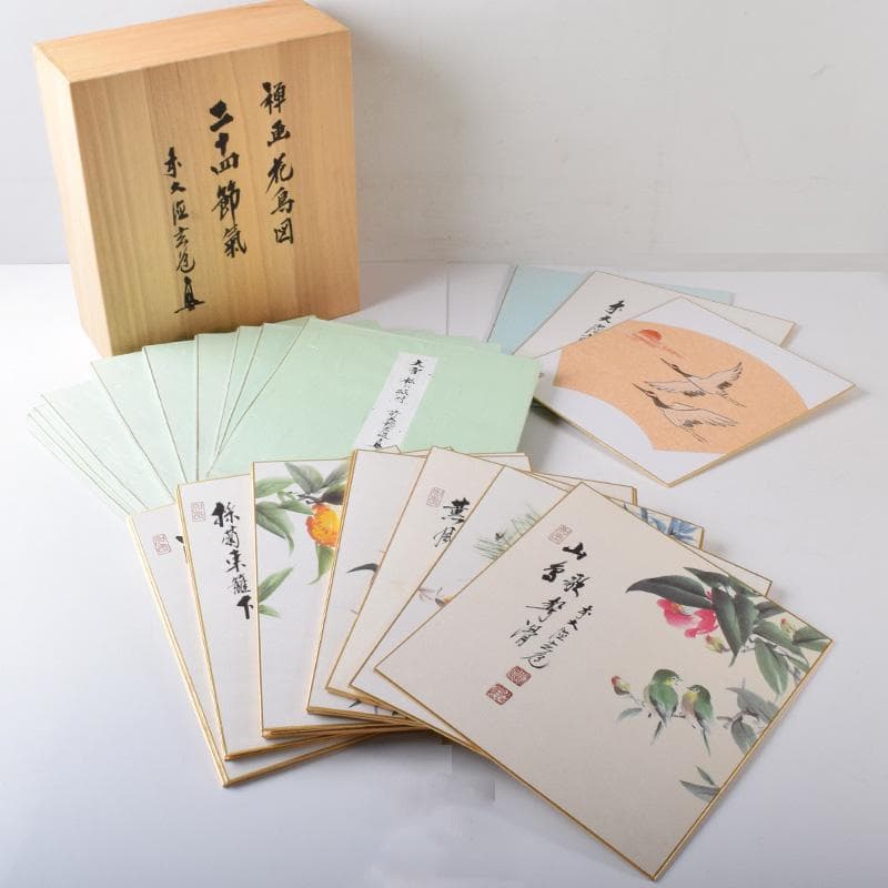 色紙絵　前大徳　須賀玄道筆　禅画花鳥図　二十四節気　共箱　N　7772A