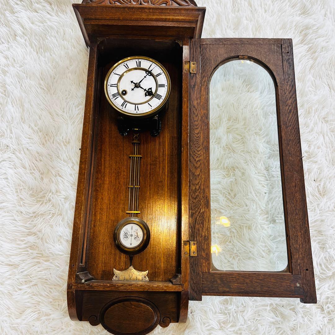 超希少 ゼンマイ式掛け時計 アンティーク 振り子時計 木製 ホーロー