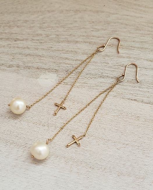 sjx パール ロング ピアス クロス k10