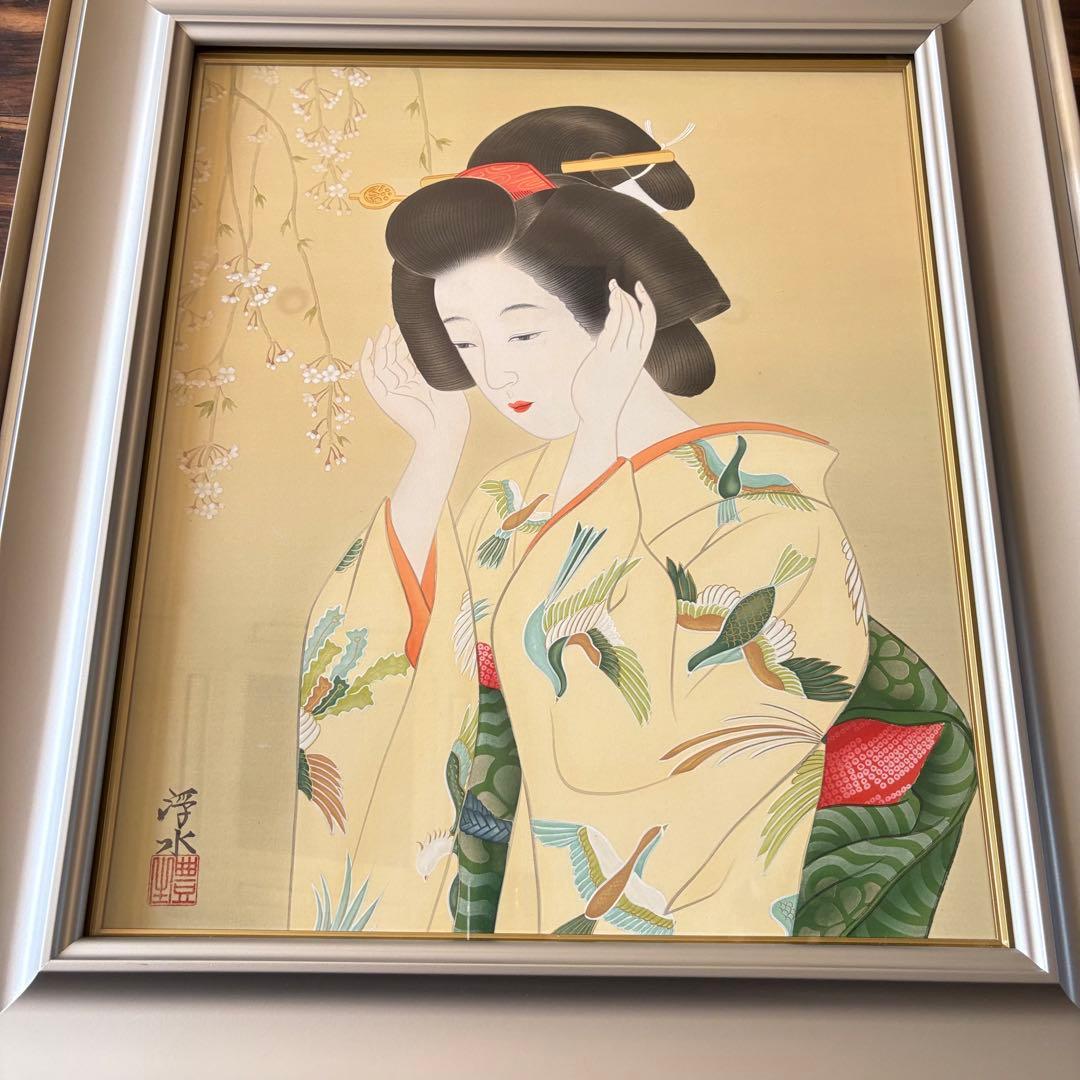 堀江浮水 (堀江豊生) 額装 美人画 日本画 師/伊東深水 絵画 A