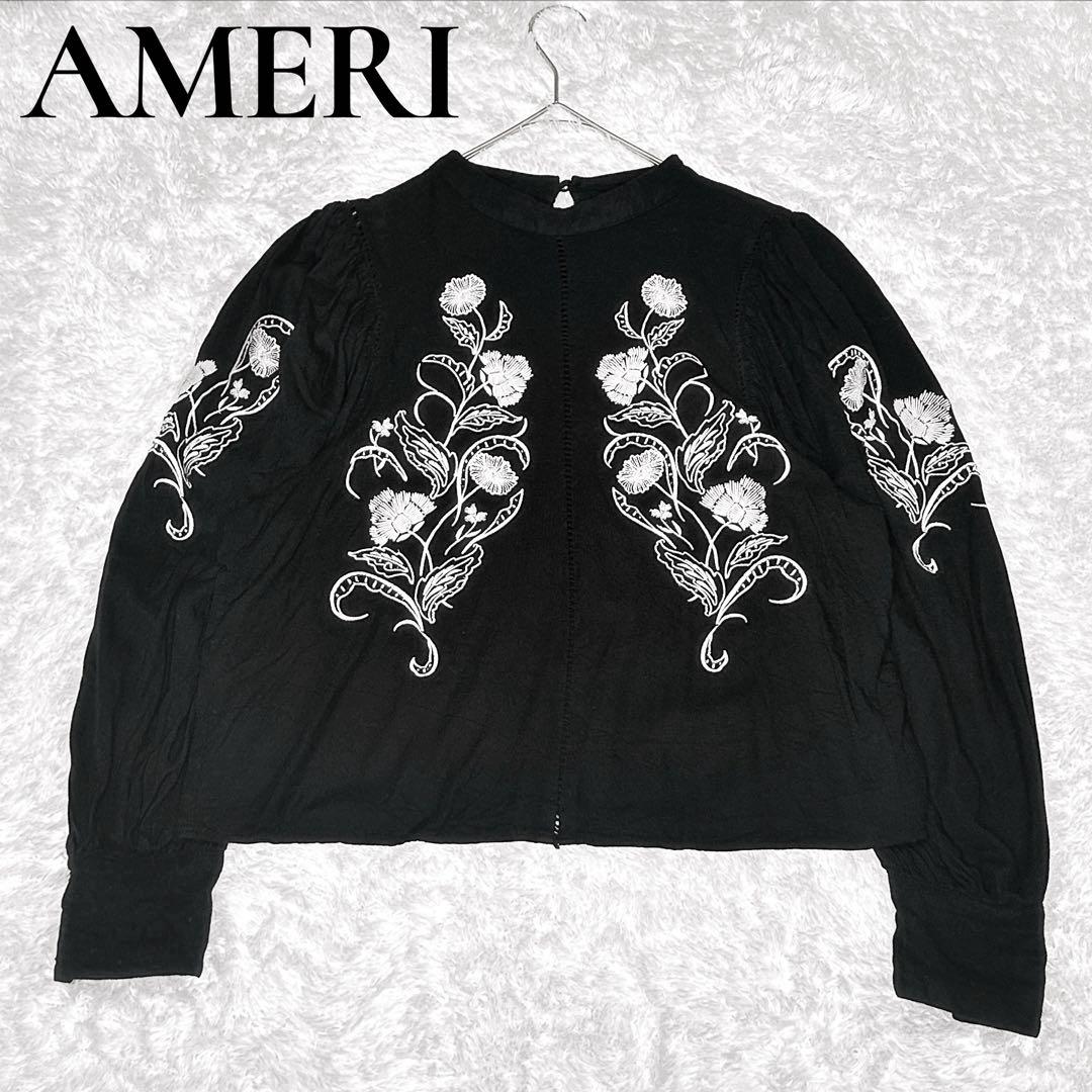 AMERI アメリ エンブロイダリー刺繍入り ブラウス バルーンスリーブ 黒