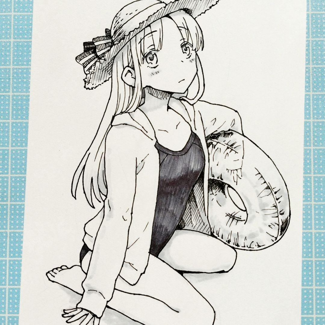 オリジナル手描きイラスト アナログイラスト 水着 女の子 はがきサイズ