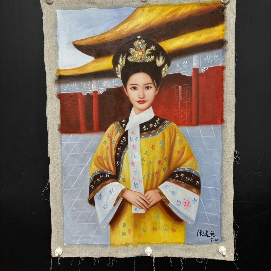 手描き 水彩油画 人物画 陳逸飛 作品図 中国絵画 約70×100cm 未表装