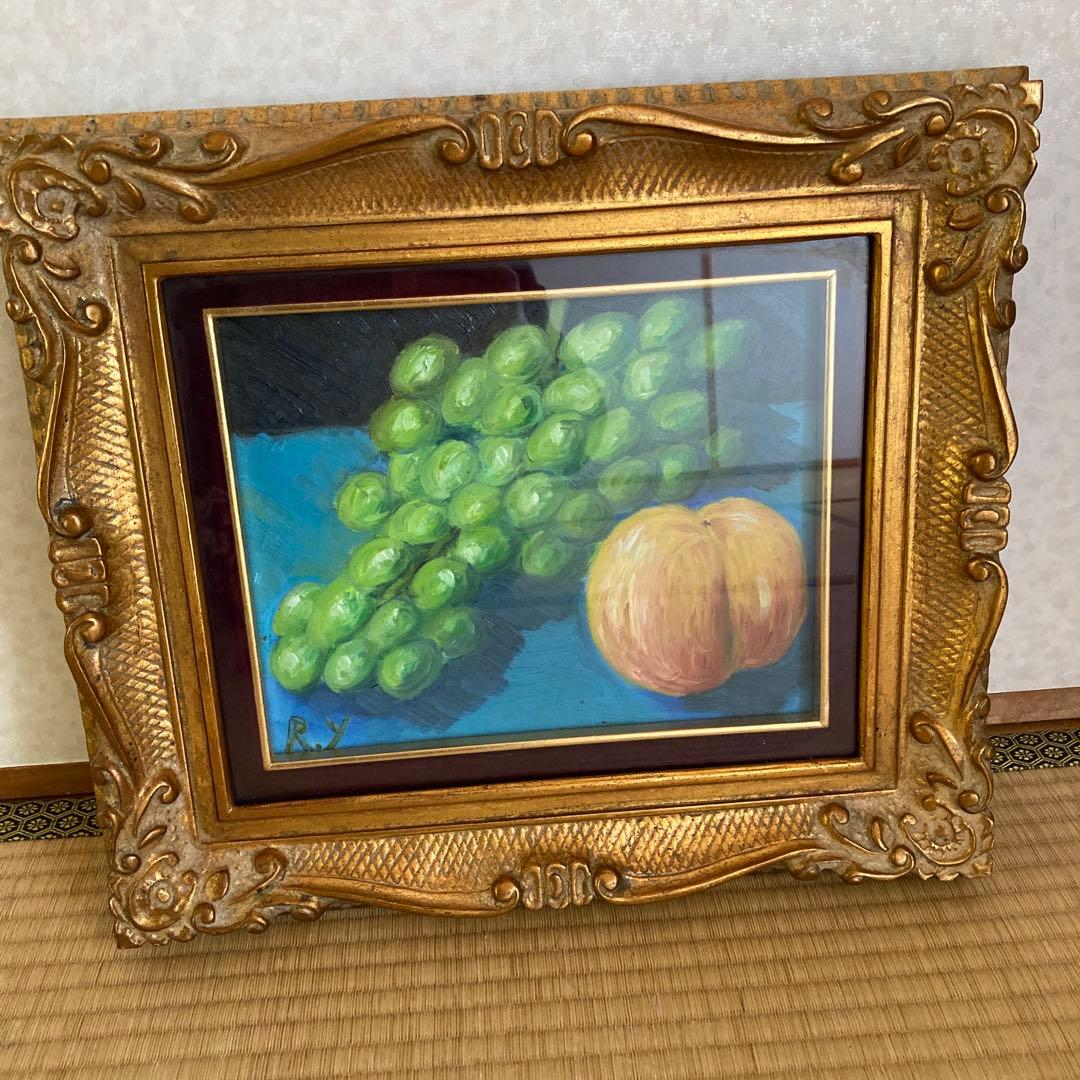 フルーツ 果物 油彩画 油絵　ガラス入額 アンティーク　骨董