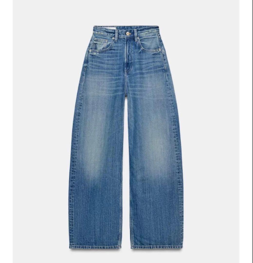 ZARA TRFハイウエストワイドレッグデニムパンツレザーポケット 完売品