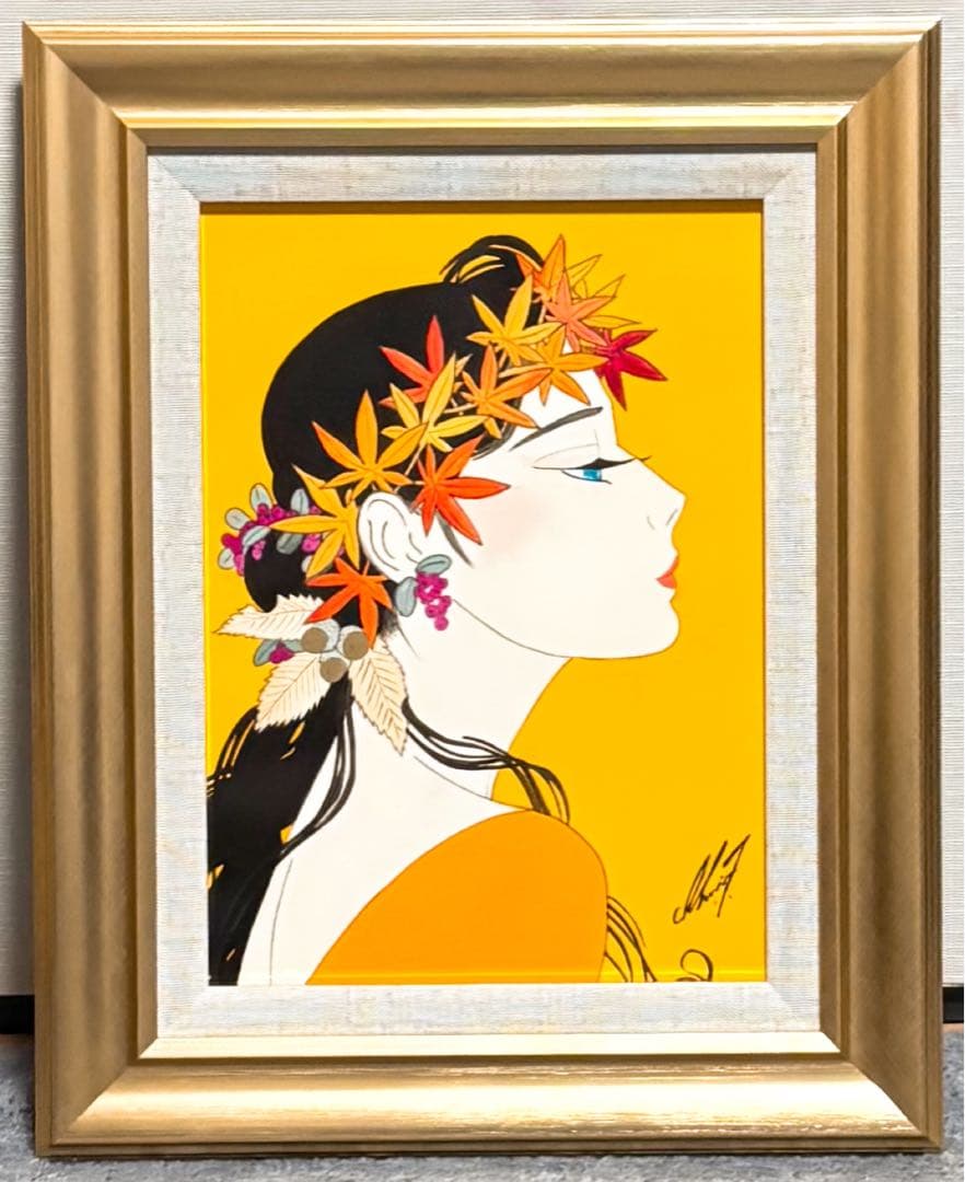 【F4号】手描き油彩画　鶴田一郎　額縁　未使用額　サイン　落款　ノエビア　美人画