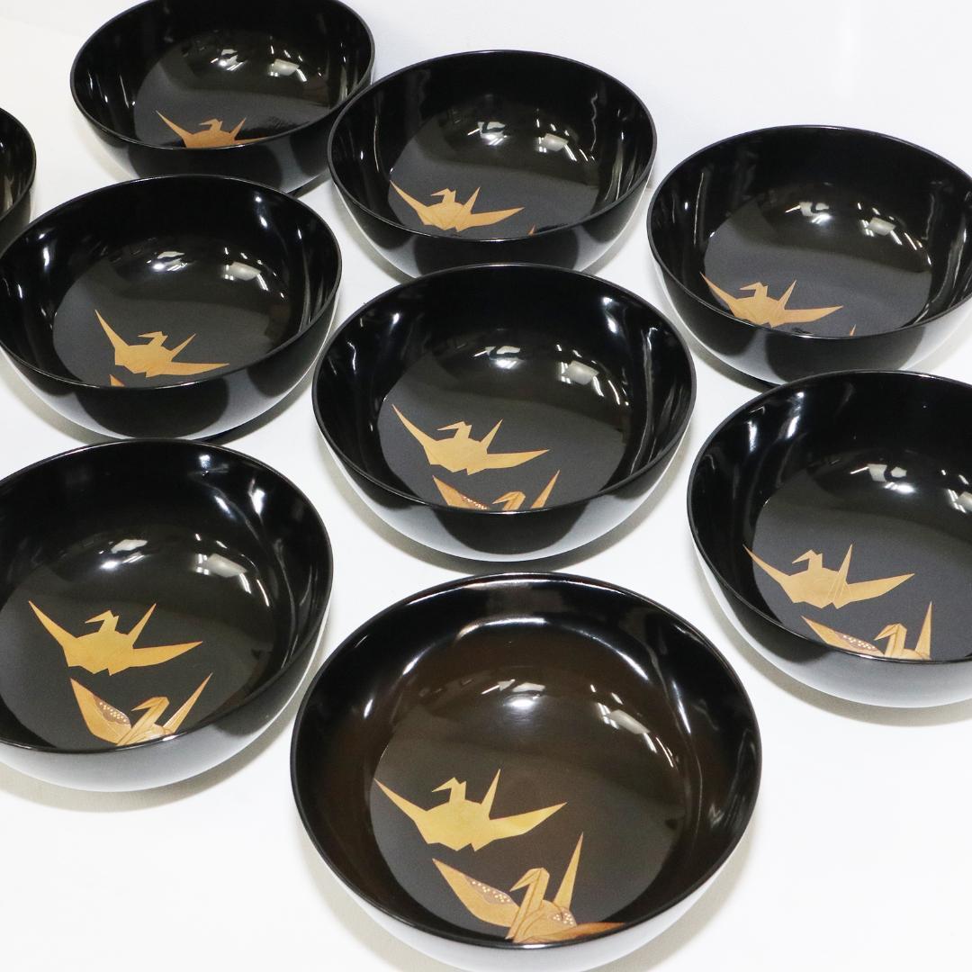 吸物椀　金彩　蒔絵 鶴 縁起物　木製　10客