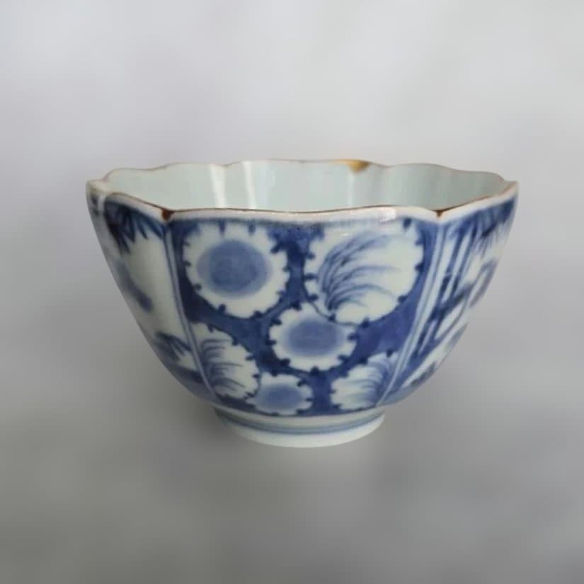 古伊万里　染付　向付　雪輪　芙蓉手　江戸時代　酒器　アンティーク　金継ぎ　金直し 古伊万里 染付 向付 雪輪 芙蓉手 江戸時代 酒器 アンティーク 金継ぎ