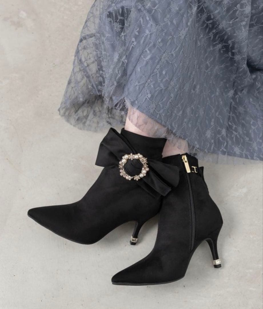 ブーツ 2WAY ビジュー×リボン ショートブーツ レディース