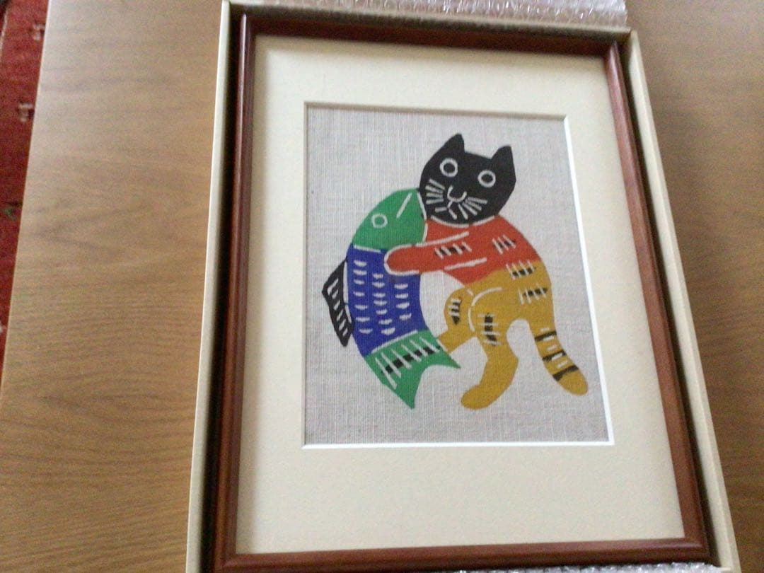 週末お値下げ⭕️⭕️美品【希少】柚木沙弥郎　型染絵　猫と魚 額装品⭕️⭕️ 柚木沙弥郎 型染め 額入り布 魚 アート 絵画 一点もの 作家 中古