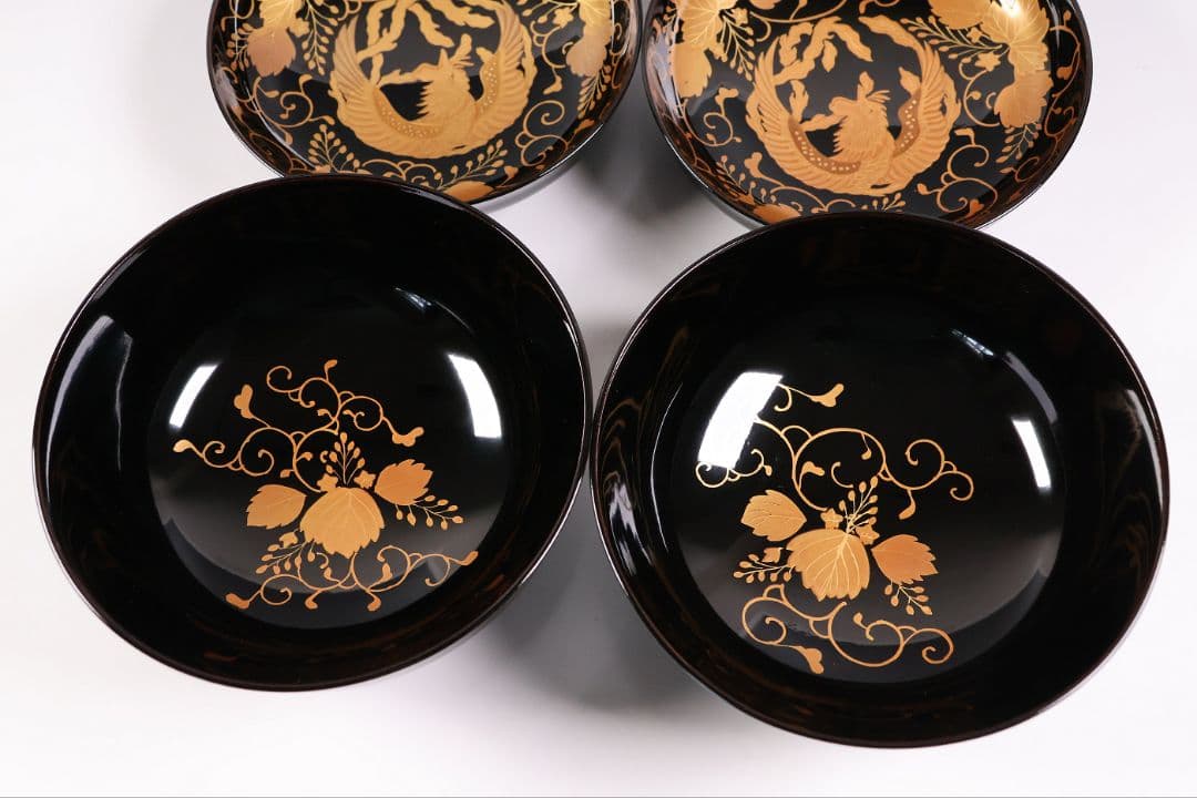 MB193】天然木漆塗 鳳凰桐唐草 金蒔絵 黒塗 吸物椀 二客 大正昭和