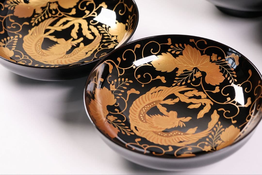 MB193】天然木漆塗 鳳凰桐唐草 金蒔絵 黒塗 吸物椀 二客 大正昭和