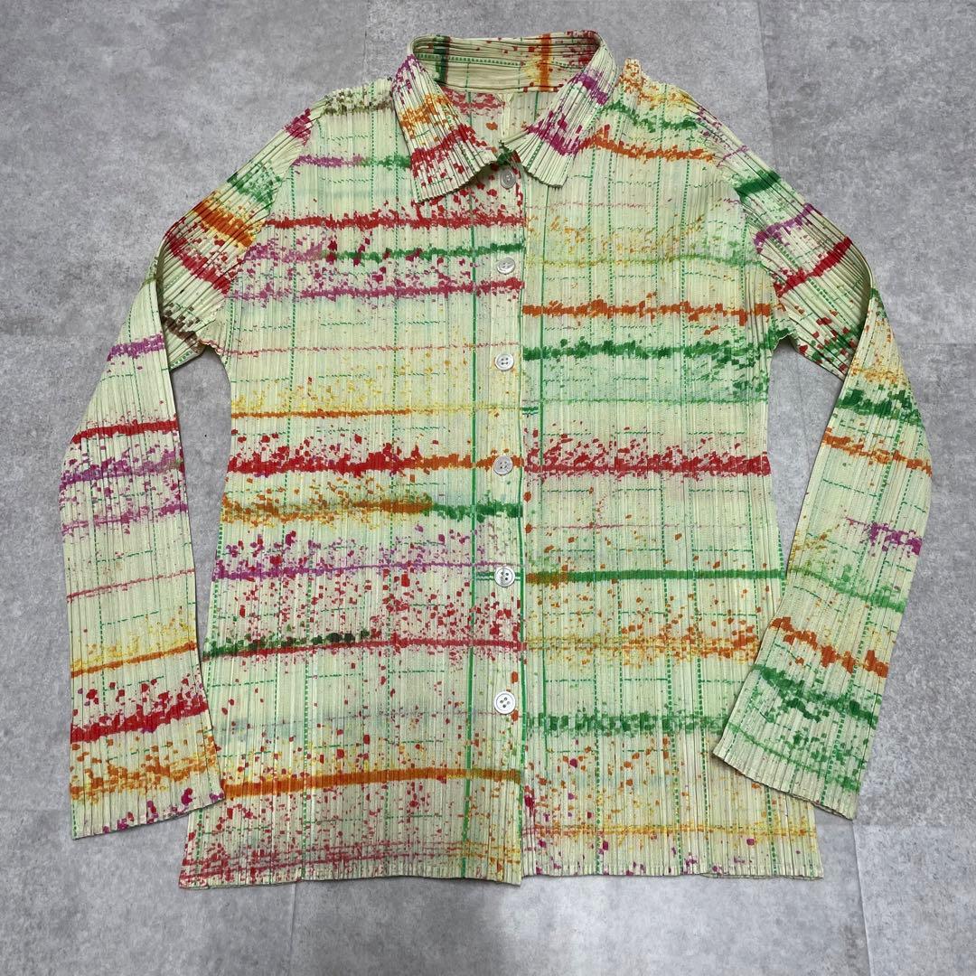 【美品】プリーツプリーズ　総柄　長袖シャツ　ペイント風　3