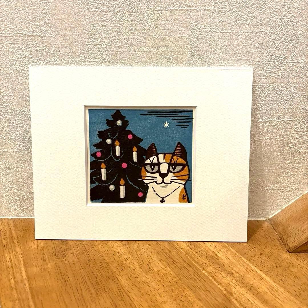 稲垣知雄　木版画　「Cat and Christmas Tree」
