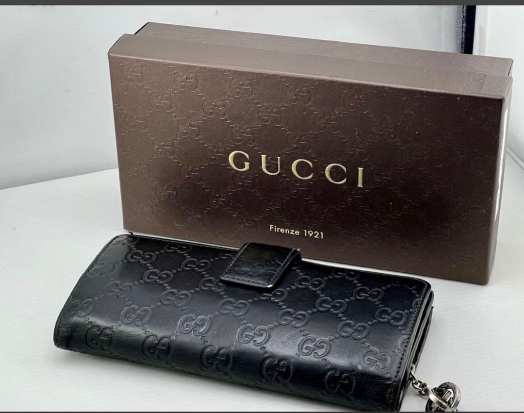 マルヨシ　GUCCI グッチ シマ レザー 長財布 黒 ブラック　 箱付き
