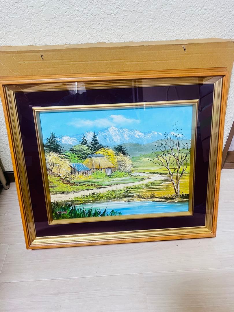 中*勝様 真作】肉筆絵画　沢健　キャンバス油彩山里風景画　美術品