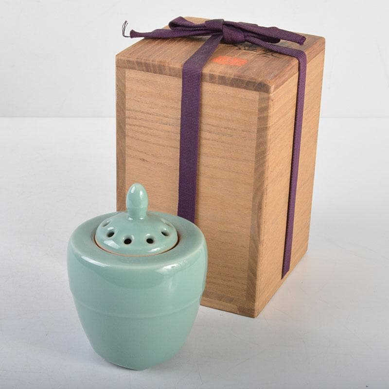 京焼　虚心庵　二代　加藤渓山作　砧青磁　香炉　共箱　V R4508