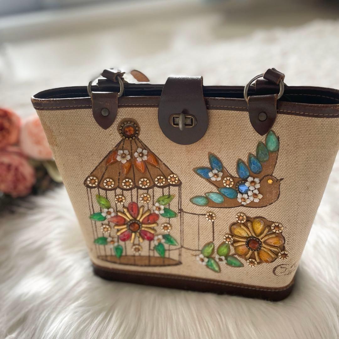 70Sヴィンテージ　Enid Collins/エニッドコリンズバッグ　鳥かご　花