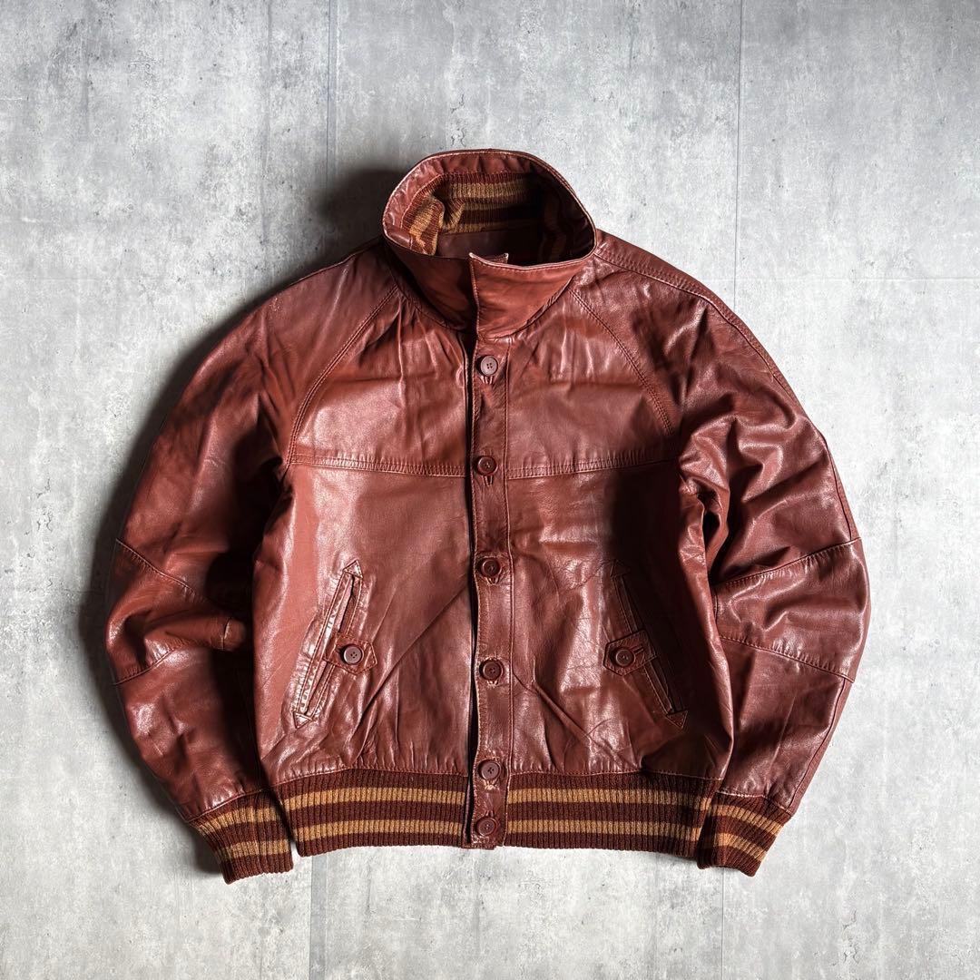 【70s vintage】レザー　ブルゾン　ハイネック　デカ襟　短丈　本革　古着