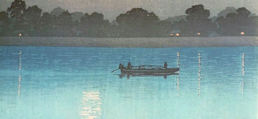 新版画荒川の月、川瀬巴水画作品年月日不詳（渡邊版画店の印章無し