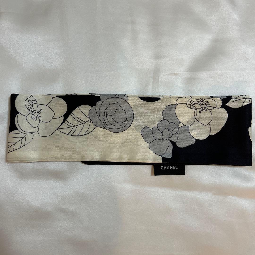 CHANELモチーフ リボンスカーフ 細スカーフ アイボリー ブラック