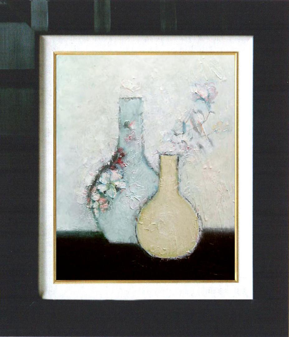 油絵 菅家令子 絵 絵画インテリア額付(青緑＋金色の枠)uF6-111102