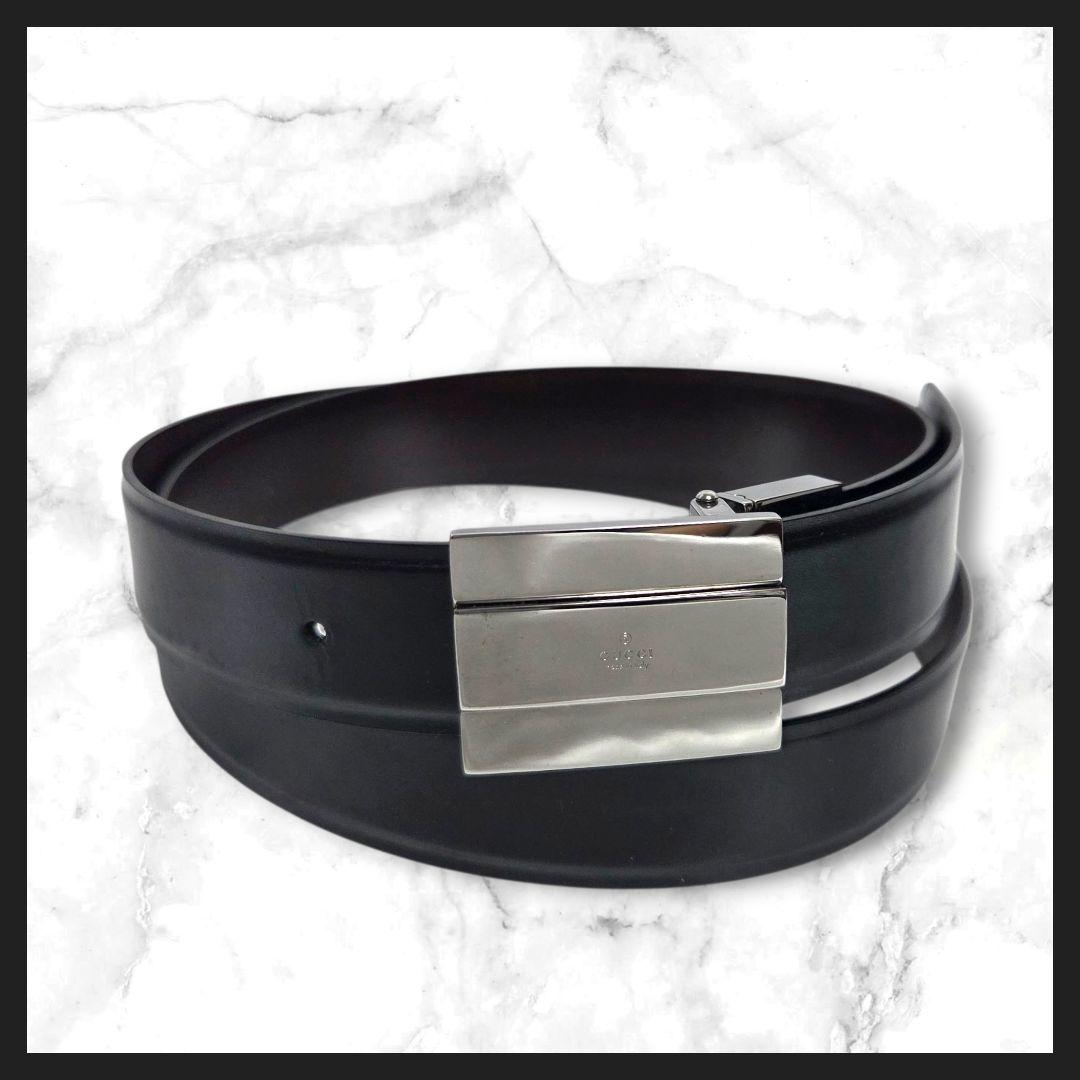 GUCCI スクエアバックル レザーベルト ブラック ダークブラウン - メルカリ